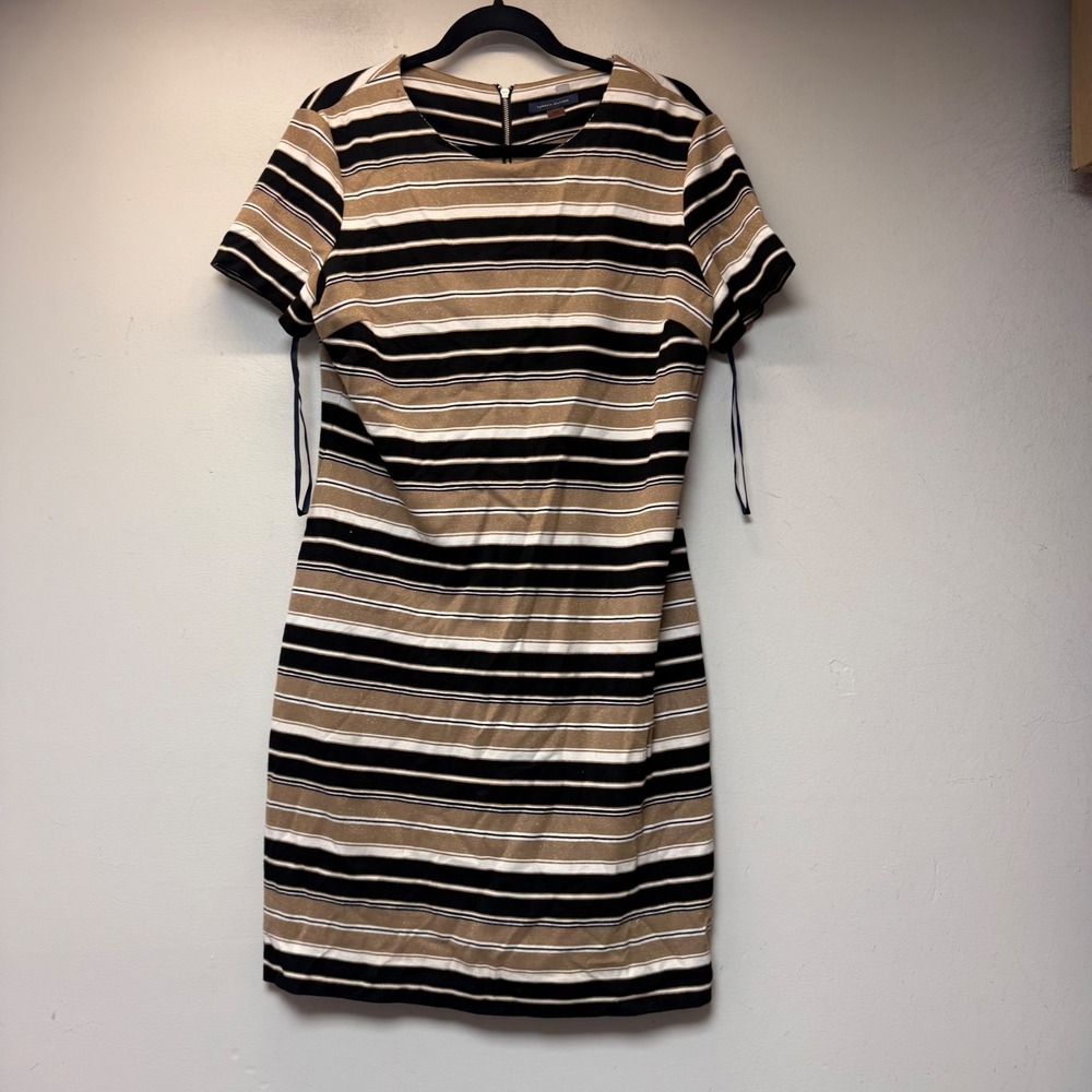 Tommy Hilfiger Sheath Dress Womens 14 Black Tan Striped Excellent Metallic Zip